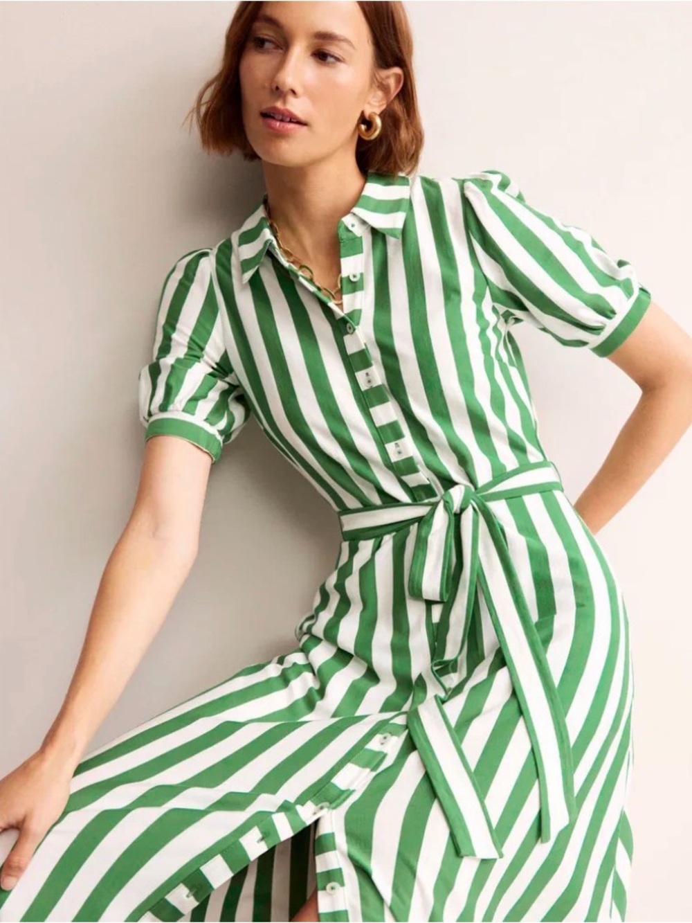 NWT Boden LIBBY Green & White Striped Midi Shirt Dress Sz 10R - Picture 2 of 16